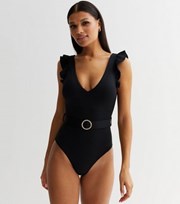 New Look Black Frill Sleeve Belted Swimsuit